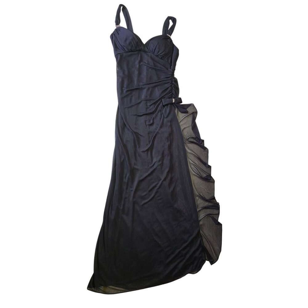NWT Blondie Nites Formal Maxi Blue Dress Side Ruffle Ruched Bow Rhinestone Accen